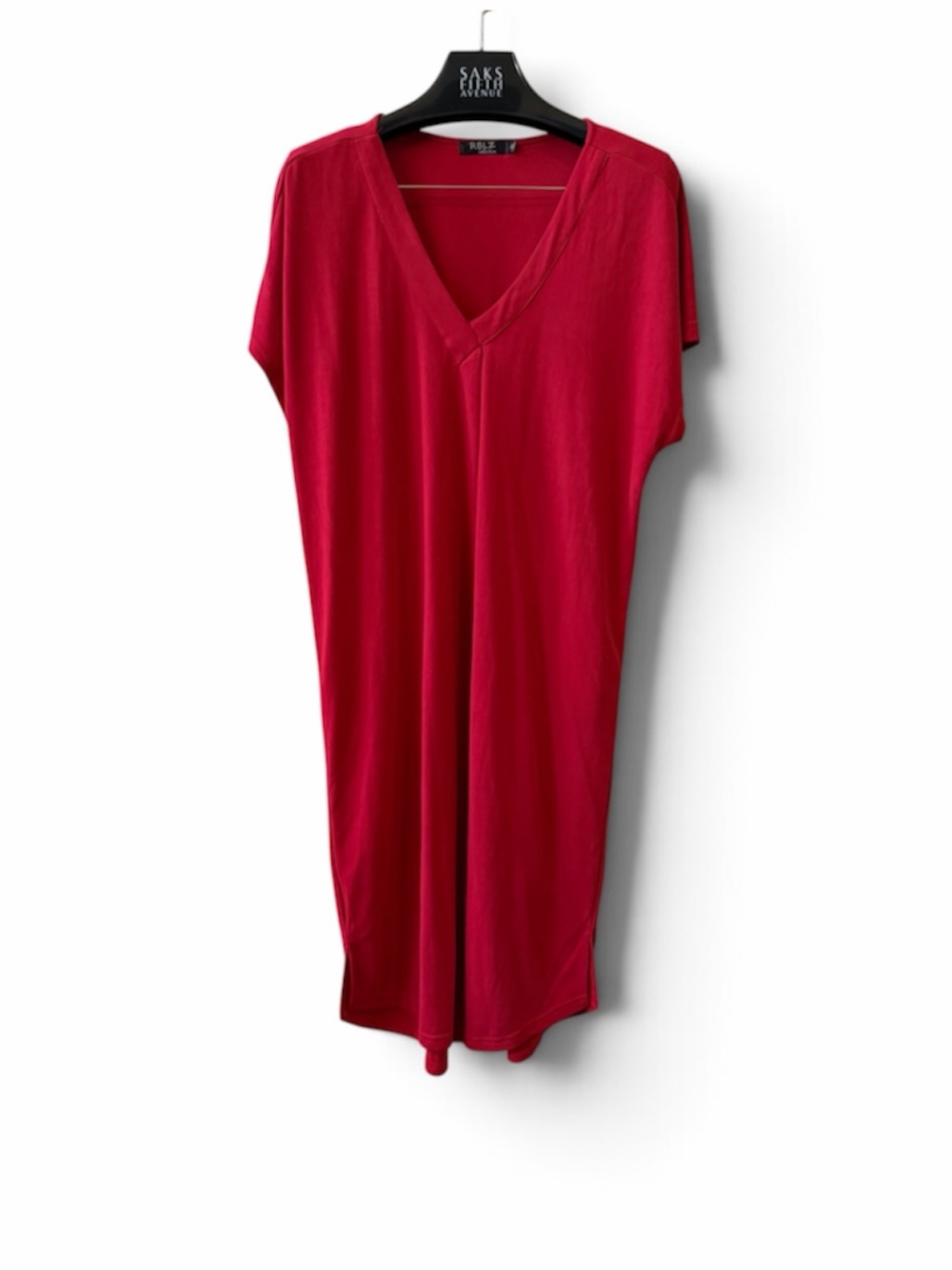RBLZ Collection Red V-neck Maxi Dress Sz XL Cap Sleeves Curved Hem Relaxed Fit